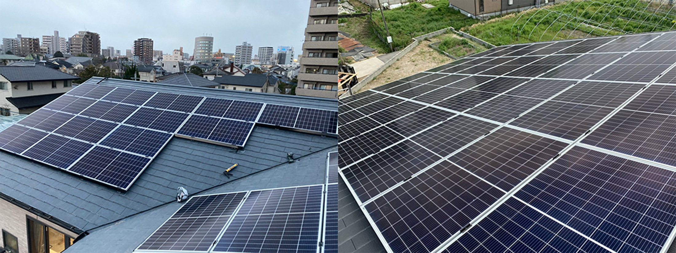 一般住宅の屋根に設置したLED’Sの太陽光パネル。