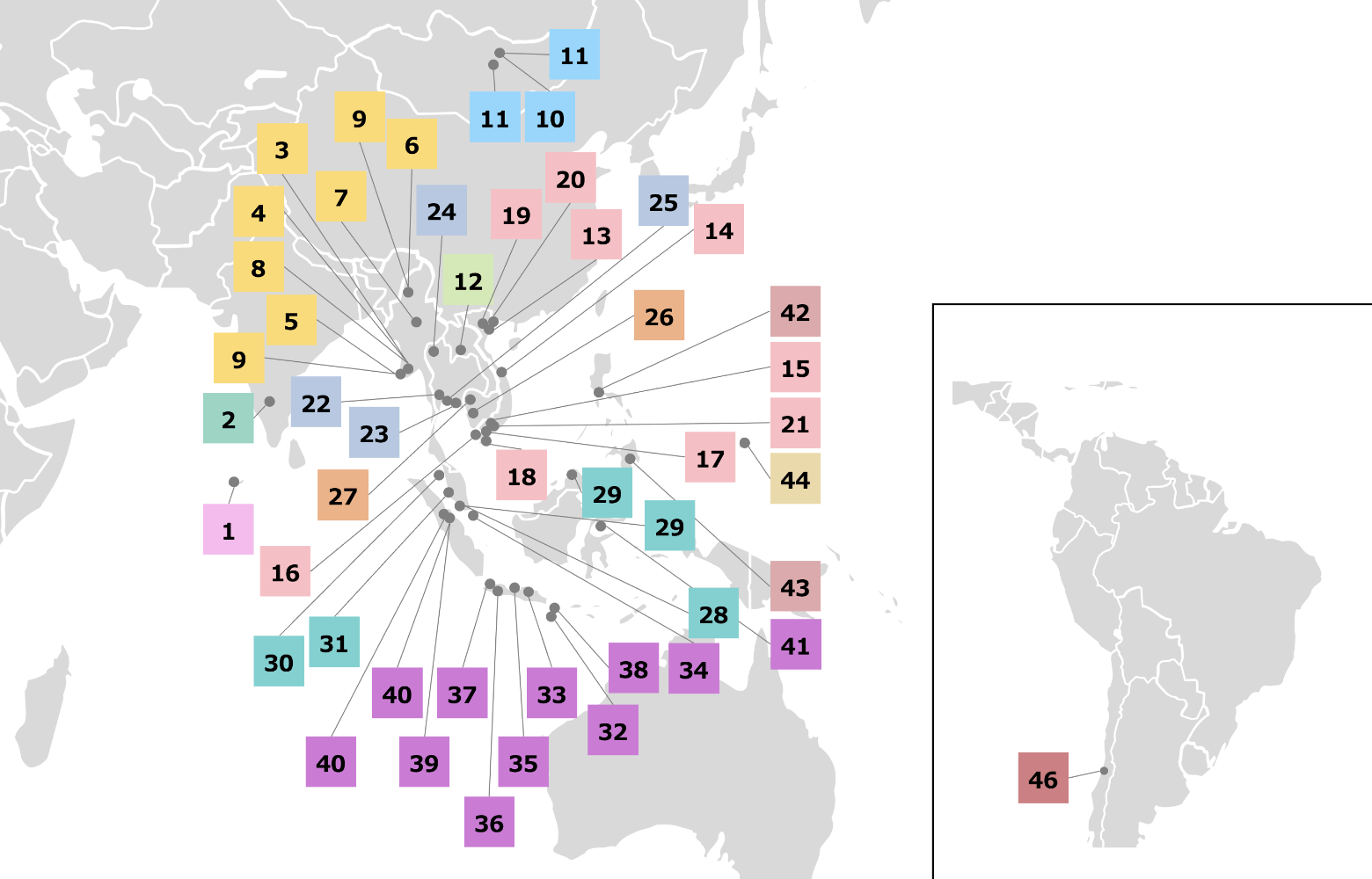 「都市間連携事業　参画都市一覧（2013～2022年度）」のマップ