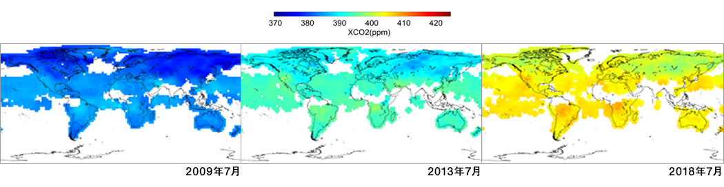 GOSATによる世界のCO２濃度分布観測結果