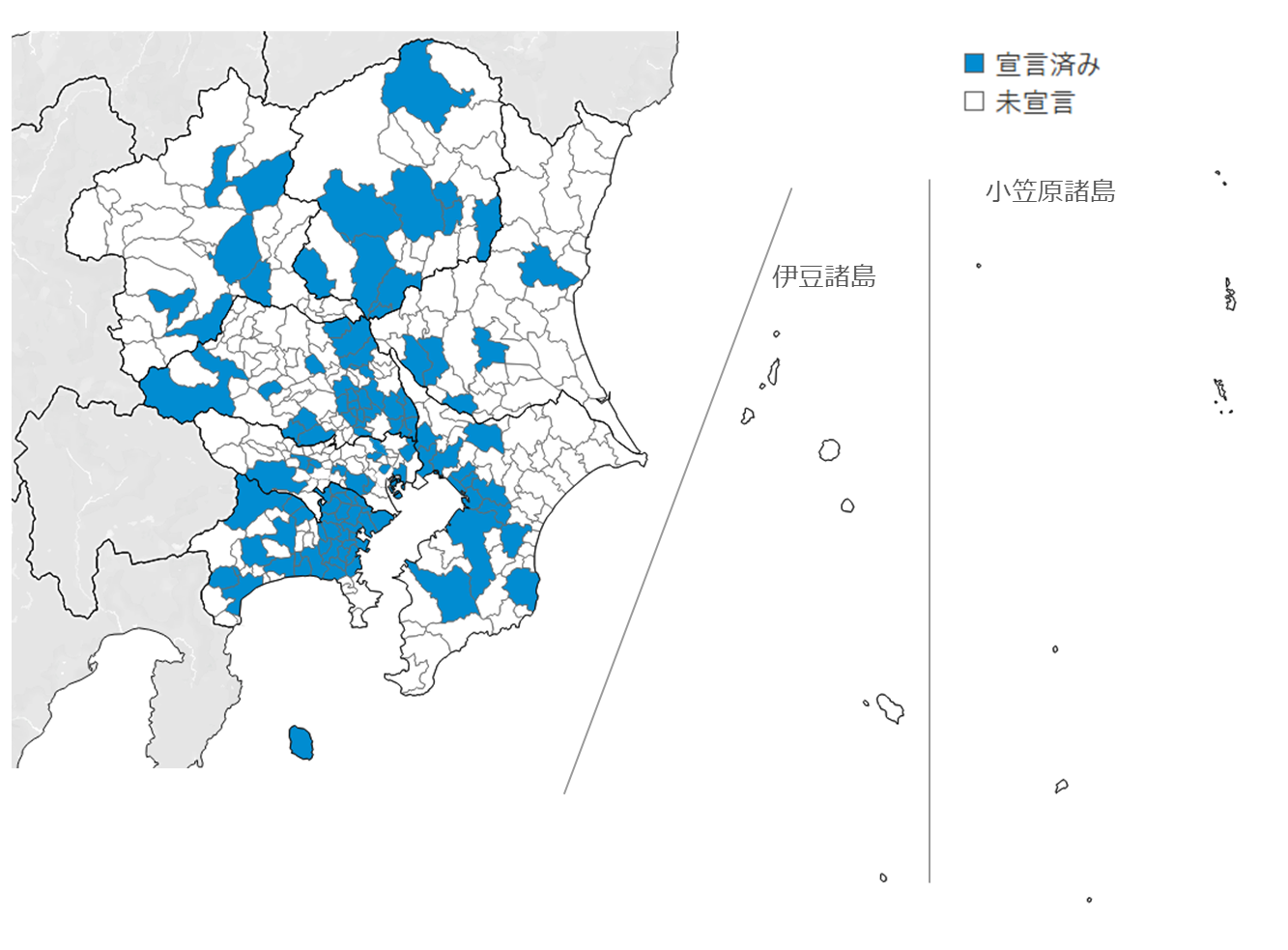 現在のデコ活宣言済みの関東地方の地図